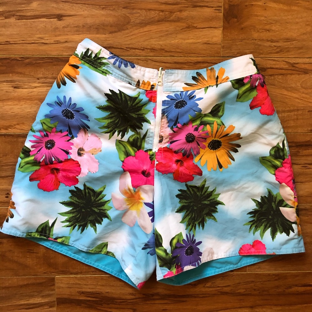 Vintage Catalina swim shorts high waisted reversible tropical floral blue small